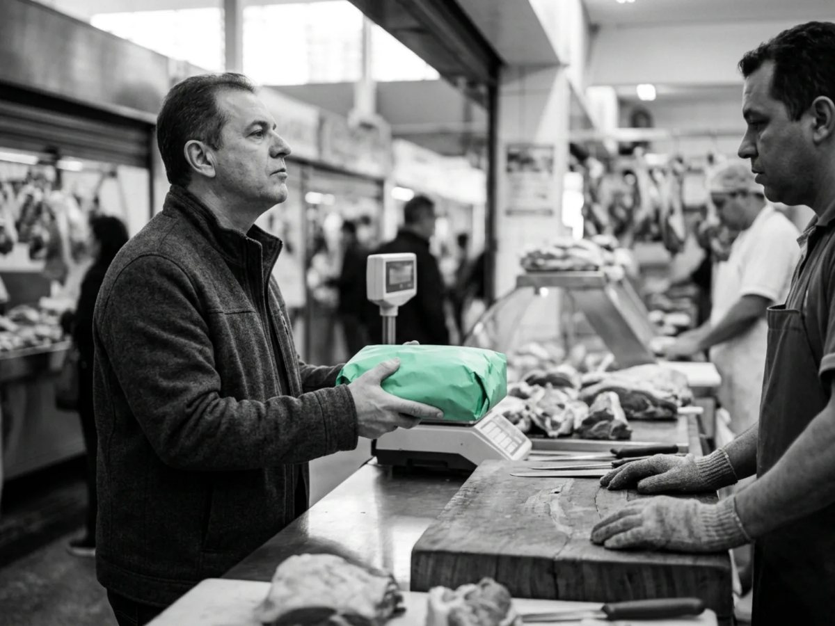 A customer paying at a butcher counter with both hands full