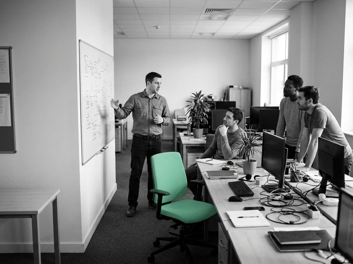 The Sidaxis engineering team at a whiteboard in the Frisco, Texas office