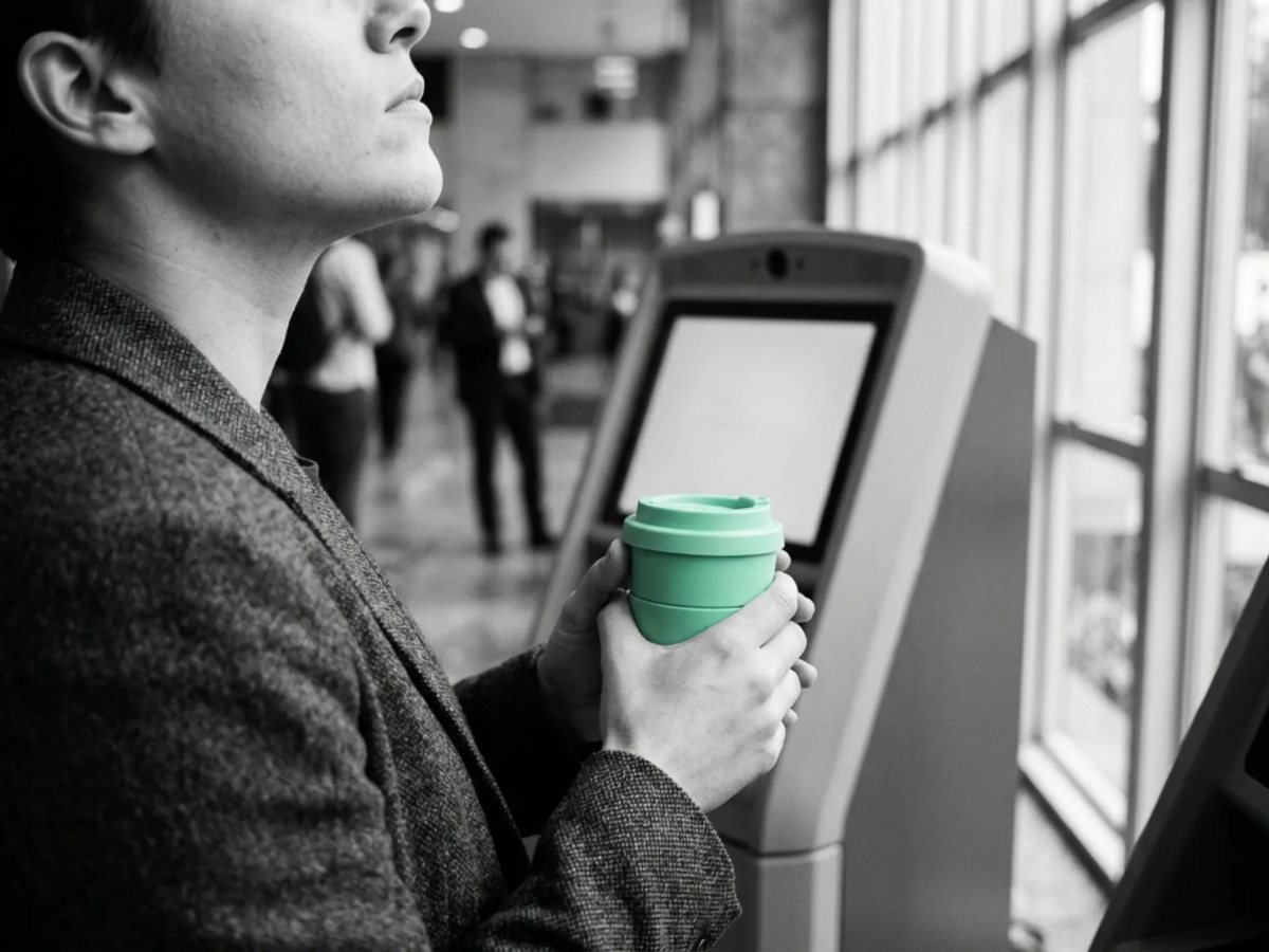 A person recognised at a self-service terminal while holding a coffee cup