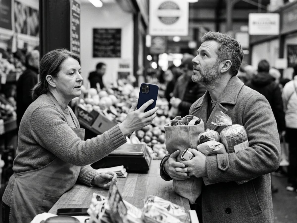 A market seller holding a phone toward a customer whose arms are full